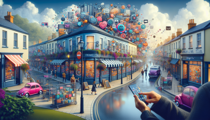 Online Store Design in Frome for Small Business: A customer in Frome, Somerset, browsing a mobile-optimized website for Frome Design Co. on a smartphone, with intuitive navigation and seamless checkout.