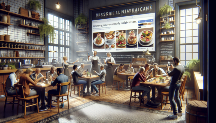 Social Media Marketing for Great Torrington Small Businesses: Barista in Great Torrington café shares seasonal dishes on Instagram via smartphone, as locals chat and scroll feeds, fostering community.