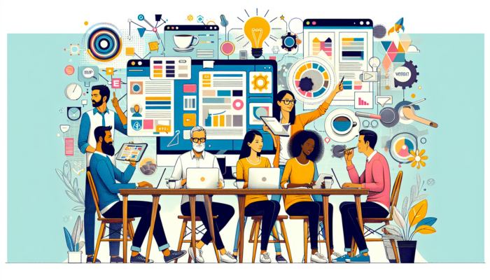 WordPress Website Design Agency in Wincanton: A modern design agency in Wincanton with creatives developing a custom café WordPress theme, featuring vibrant screens, sketches, coffee cups, and innovative tools.