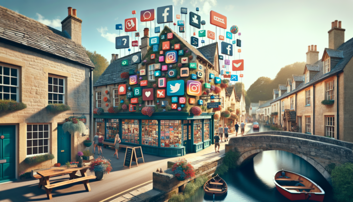 Instagram Marketing for Bourton Small Businesses: A vibrant Bourton-on-the-Water scene: quaint storefront with smartphones showing Instagram Stories and Reels, locals engaging near stone bridges.