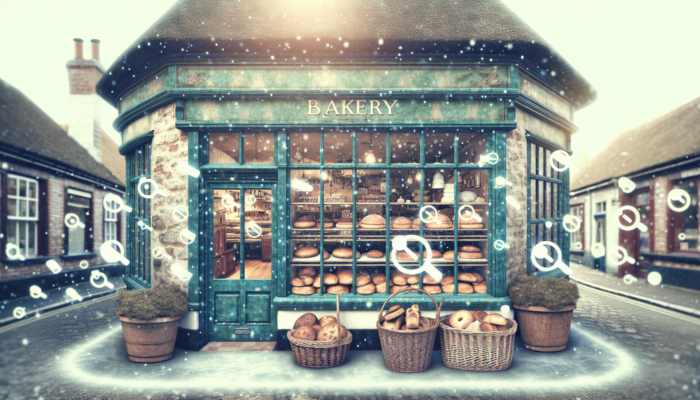 On-Page SEO in Newton Abbot for Small Business: Quaint bakery storefront in Newton Abbot, UK, with a sign for "Best Pastries," fresh baked goods, and symbolic rising search icons for local SEO.