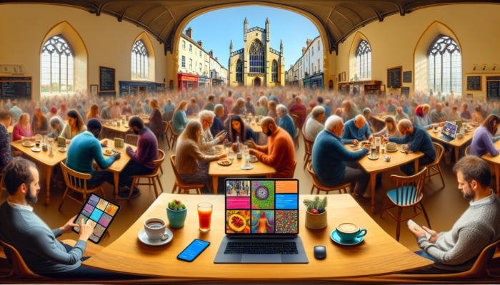 Expert Web Development for Northleach Small Businesses: Bustling café in historic Northleach, Gloucestershire, with responsive website on laptop, tablet, and smartphone showing vibrant menus and accessible booking features.