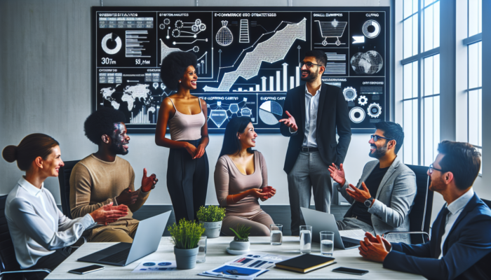 E-commerce SEO in Keynsham for Small Business: Diverse experts in a modern Keynsham office discussing E-commerce SEO strategies, surrounded by screens showing analytics, shopping carts, and rising keyword graphs.