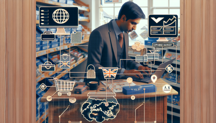 E-commerce Development in Ilfracombe for Small Business: A determined local trader in a bustling Ilfracombe shop manages an e-commerce website on a laptop, displaying UK maps, shopping carts, and secure payment icons.