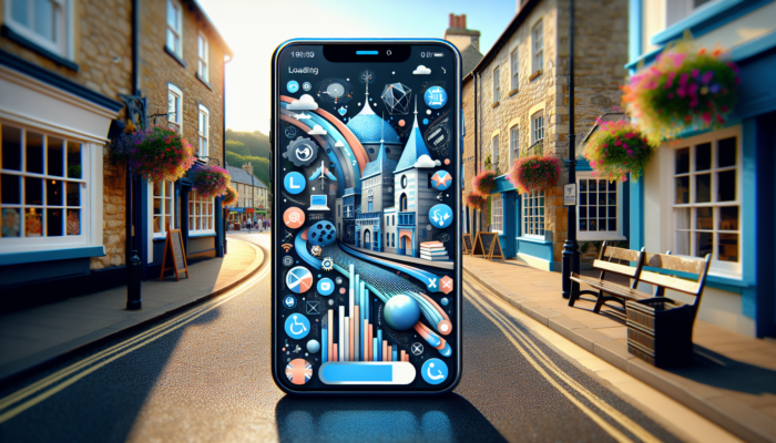 Mobile Website Design in Shepton Mallet for Small Business: A sleek smartphone displaying a responsive website for a Shepton Mallet business, with adaptive layouts, accessibility icons, and UK street background.