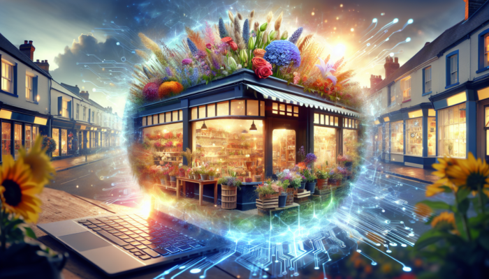 E-commerce SEO in Ilchester for Small Business: A vibrant digital scene of a cozy Ilchester florist shop with fresh flowers, glowing SEO keywords, rising traffic graphs, and a laptop optimizing a website.