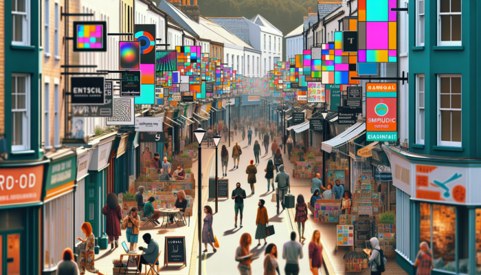 Copywriting in Newton Abbot for Small Business: Vibrant Newton Abbot high street with small shops, eye-catching signs, business owners on laptops, and crowds reflecting community values.