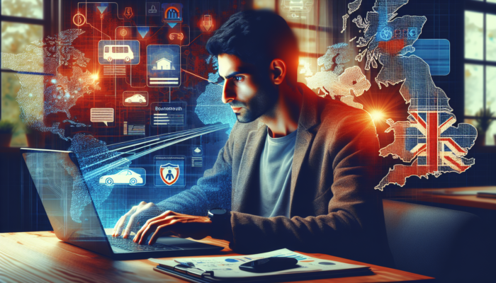 E-Commerce SEO in Bournemouth for Small Business: Digital marketer in Bournemouth office researches e-commerce keywords on laptop with Google Keyword Planner, surrounded by UK maps and traffic charts.