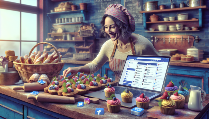 Social Media Strategy for Kingswood Small Businesses: Smiling bakery owner in Kingswood arranges colorful pastries on rustic counter for Instagram, with laptop showing Facebook and Twitter activity.