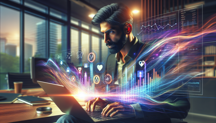 A focused business owner in Kingswood analyzes social media metrics on a laptop, showing graphs of likes, shares, comments, and reach from Facebook and Instagram.