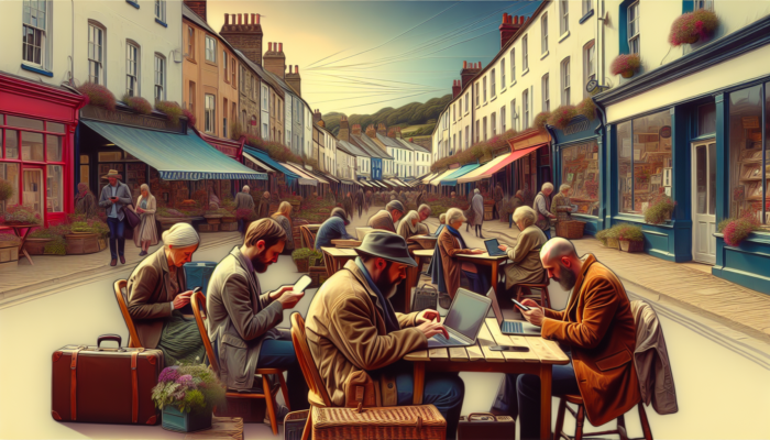 E-commerce Marketing in Bridport for Small Business: In Bridport's market street, business owners use laptops for SEO and social media, while locals engage with ads on phones, building community ties.