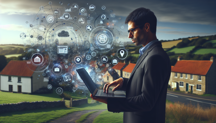 SEO for Small Business in South Petherton: Entrepreneur in South Petherton village analyzing keywords on laptop with floating search icons, metadata tags, and local maps for SEO.