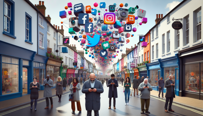 Digital Marketing in Verwood for Small Business: Bustling Verwood street with small business owners engaging locals via smartphones showing Facebook, Instagram, and Twitter icons, amid floating targeted ads and colorful shop fronts.