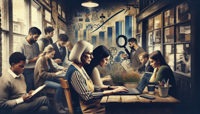 Cirencester Blog Writing for Small Businesses: Business owner in Cirencester shop typing blog on laptop, locals viewing content, with rising SEO graphs and regional maps showing growth.