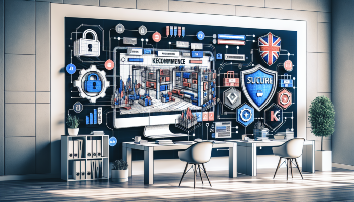 Ecommerce Development Company in Keynsham: Illustration of a custom UK ecommerce website with secure payments, intuitive navigation, and Union Jack branding in a modern Keynsham office.