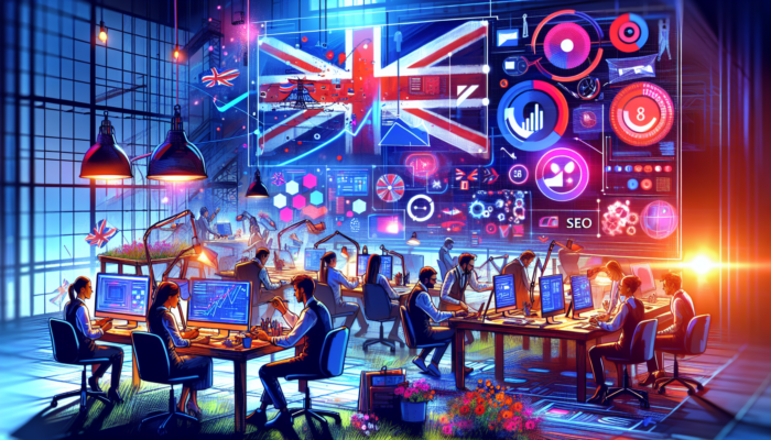 WordPress Website Design Company in Stow-on-the-Wold: A vibrant UK design studio with experts crafting responsive WordPress websites, SEO graphs, Union Jack, and London skyline elements.