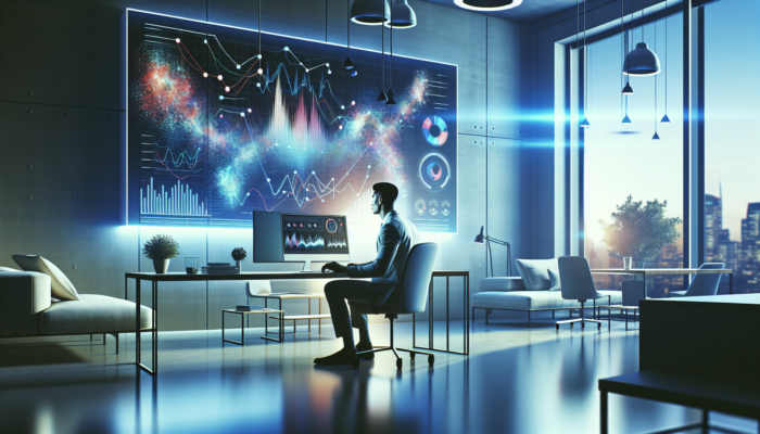 Focused analyst reviews Google Analytics dashboard on large screen, showing website traffic, engagement, and conversion metrics in a modern office.