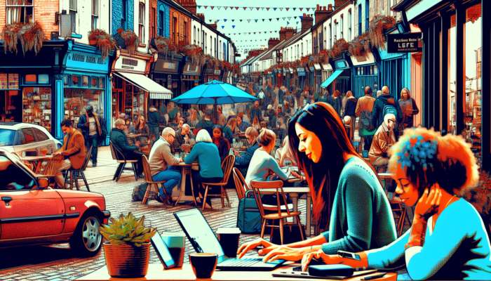 Lydney Digital Advertising For Small Businesses: Vibrant Lydney high street scene: cafe owner at laptop creating targeted Facebook and Instagram ads, while diverse locals view posts on phones.