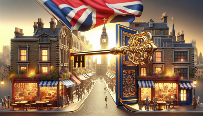A golden key unlocks an ornate door to a vibrant London street with thriving small UK businesses, cafes, shops, and waving Union Jack flags.