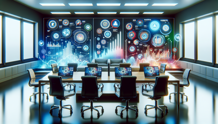 Digital Marketing in Radstock for Small Businesses: A vibrant Radstock digital marketing desk with laptops displaying social media, SEO graphs, email campaigns, and local maps for small businesses.