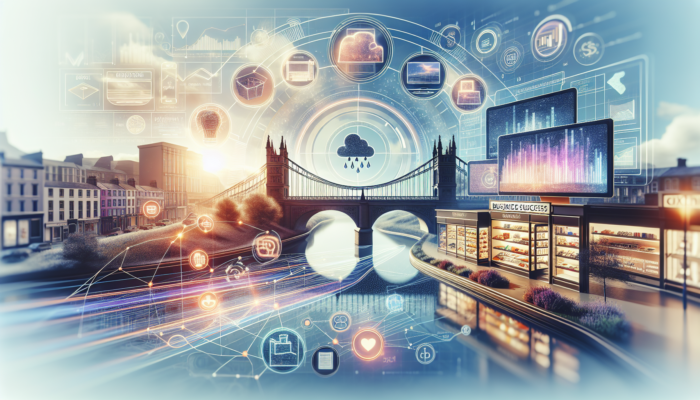 Sleek online store illustration in Barnstaple: intuitive navigation, eye-catching displays, rising sales graphs, happy customers, and iconic bridge symbolizing growth.