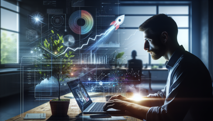 Entrepreneur in Barnstaple office analyzes laptop dashboards showing user behavior graphs, conversion rates, and rising e-commerce trends.