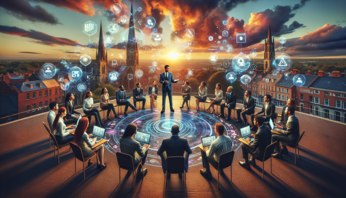 Diverse experts in professional attire discuss social media strategies on laptops against Shaftesbury's Gold Hill under a sunset sky with digital icons.