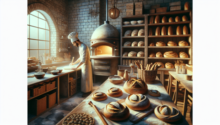 Instagram Marketing in Bridport for Small Business: A baker kneads dough in a cozy Bridport bakery, surrounded by flour-dusted counters, rustic ovens, and shelves of artisanal breads under warm golden light.
