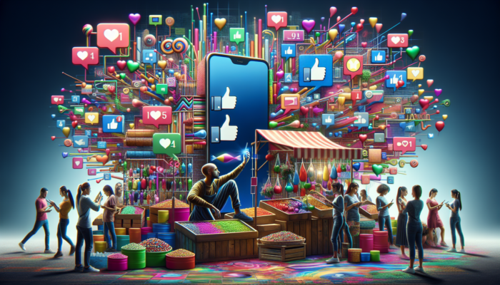 Young entrepreneur using a smartphone to post on Instagram in a bustling market stall, surrounded by colorful products and growth charts.