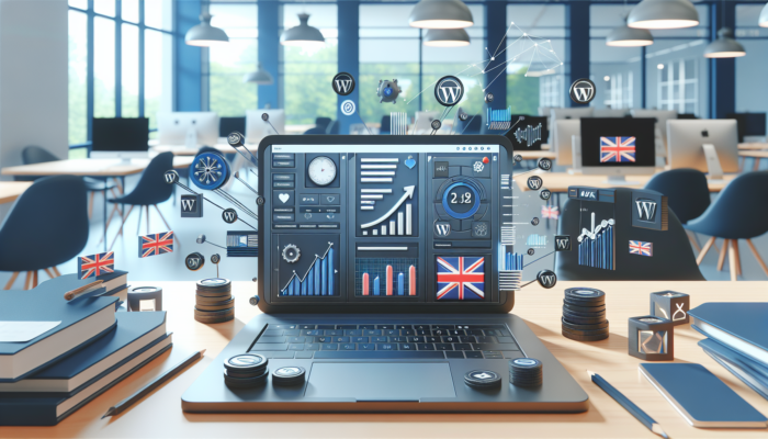 WordPress Website Design Company in Bournemouth: Bustling Bournemouth office with laptop displaying customized WordPress dashboard, themes, and plugins; surrounded by UK flags, growth charts, and digital tools.