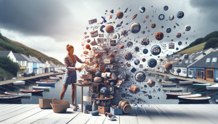 Social Media Marketing in Swanage for Small Business: In Swanage, UK, a small business owner arranges coastal products for an Instagram photoshoot, with floating Facebook and Twitter icons symbolizing effective social media strategies.