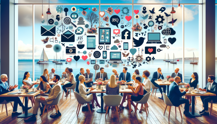 Experts discuss social media strategies in a Swanage cafe, surrounded by laptops, icons, and a scenic sea view.