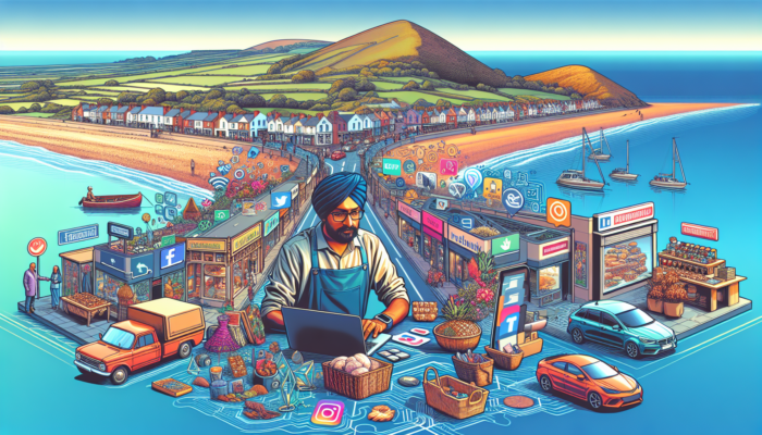A shop owner in Minehead crafts social media ads on a laptop, surrounded by beaches and hills, boosting e-commerce traffic.