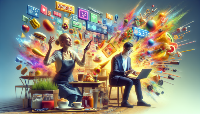 Vibrant Newent scene: Café owner posting colorful Instagram specials on phone; consultant networking on LinkedIn for business goals.