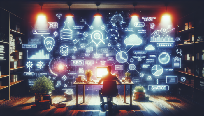 E-commerce SEO in Dartmouth for Small Business: Digital illustration of an online store with glowing SEO elements like keyword clouds, search bots, and traffic graphs in Dartmouth.