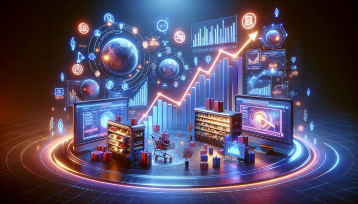 Illustration of e-commerce SEO: sleek online store with glowing keywords orbiting products, rising search graphs, and thriving sales funnel in a futuristic marketplace.