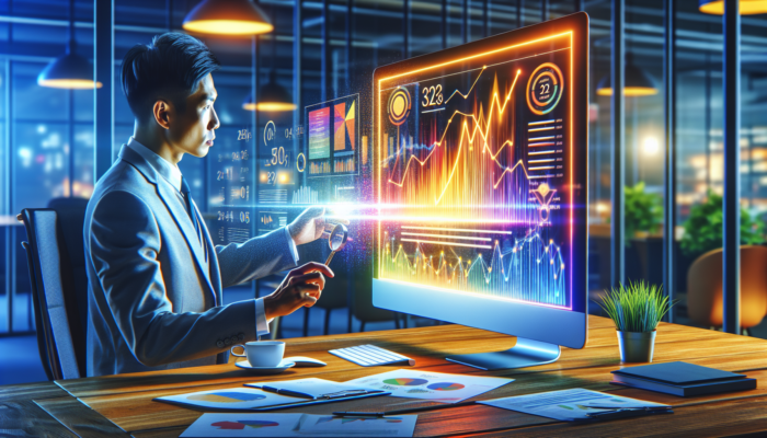 A small business owner in a Kingswood office analyzes colorful Google Analytics graphs showing SEO traffic, rankings, and conversions.