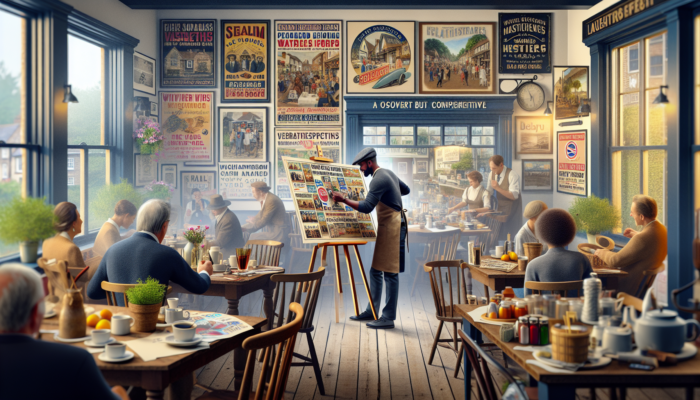 Copywriting in Wareham for Small Business: Bustling café in historic Wareham with vibrant posters blending local heritage symbols, dialects, and community events.
