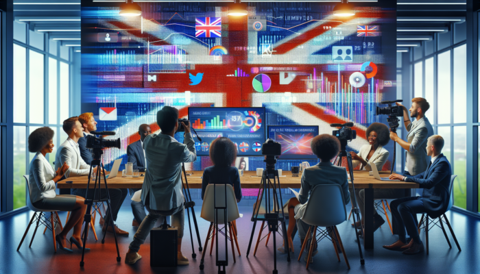 Video Content Production in Ferndown for Small Business: A diverse team of UK small business owners filming promotional videos in a modern London office, surrounded by Union Jack decor and social media screens.