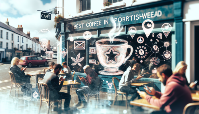 Local SEO in Portishead for Small Business: Lively café in Portishead with a "Best Coffee" sign; locals using smartphones to search, overlaid with Google My Business results.