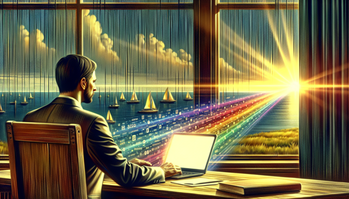 Business owner in Portishead office analyzes SEO graphs and schema markup on laptop, with sunlit harbor view.