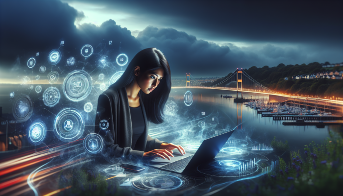 A digital marketer in Portishead analyzes SEO data on a laptop with glowing charts, overlooking a misty harbor and Severn Bridge.