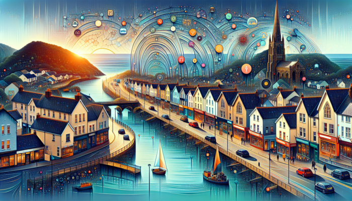 SEO for Small Business in Teignmouth: Vibrant Teignmouth coastal town with small business shopfronts, overlaid by rising SEO graphs, glowing keywords, and web paths to engaged shoppers.