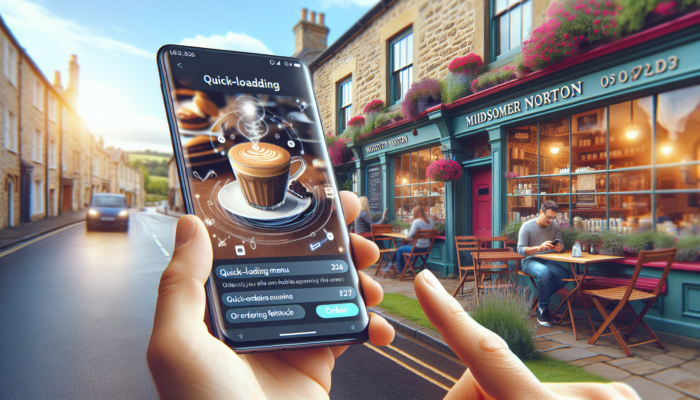 A smiling customer outdoors in Midsomer Norton browses The Coffee House's mobile website, showing a quick-loading menu and order button.
