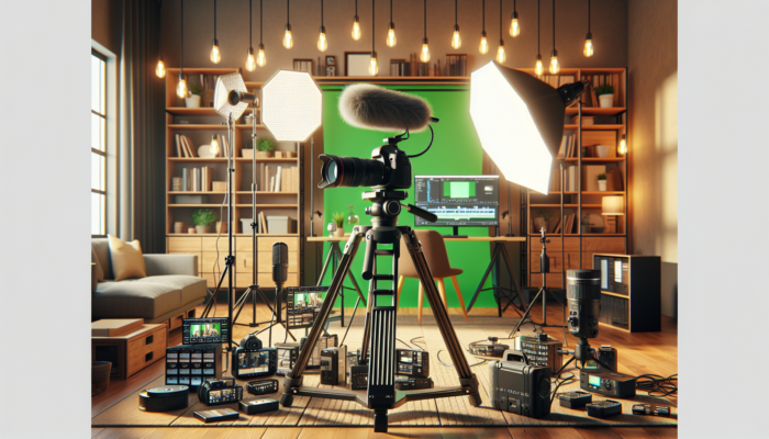 Video Content Production in Swindon for Small Business: A desk setup with a DSLR camera on a tripod, external microphone, lighting kit, green screen, and hard drives in a cozy home office.