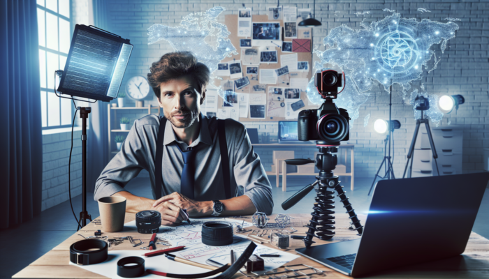 A motivated small business owner in a cozy home office sets up a camera on a tripod, ring lights, and laptop with editing software, surrounded by storyboards.