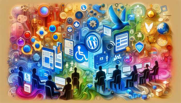 WordPress Website Design Agency in Radstock: Futuristic digital landscape with innovative UI elements, diverse users testing on multiple devices, WCAG icons, and vibrant integrated technologies.