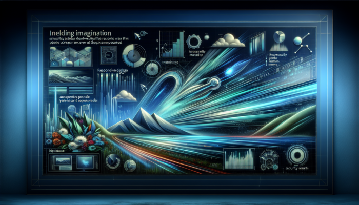 Dynamic digital landscape featuring a sleek website on a glowing screen with fast pages, responsive designs, navigation icons, and secure locks in vibrant blues and greens.