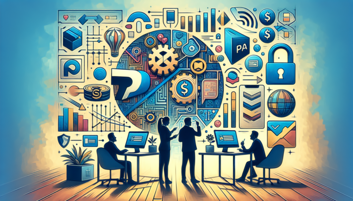 Bustling digital agency in Radstock integrating WooCommerce into a sleek WordPress site, with PayPal, Stripe icons, secure locks, and upward-trending e-commerce graphs.