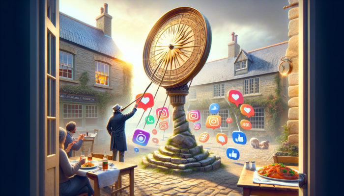 A small business owner in Midsomer Norton analyzes Instagram metrics on a laptop, surrounded by engagement icons and a new dish image.